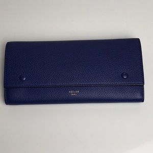Celine Paris Large Flap Wallet in Grained Calfskin Royal Blue Leather. Like New!